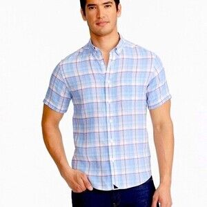 UNTUCKit Mens Large Linen Shirt Matisco Short Sleeve Blue Multi Plaid